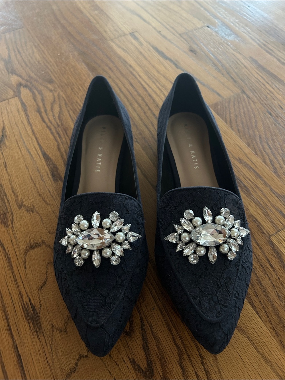 Kelly & Katie Black Pointed Toe Flats with Crystal & Pearl Brooch